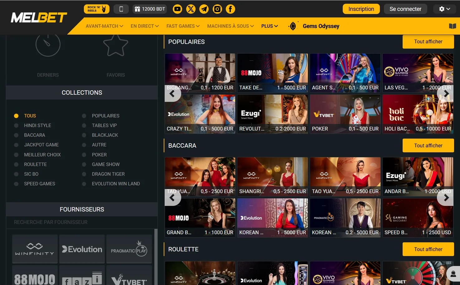 Capture d'écran de la section casino sur le site de Melbet